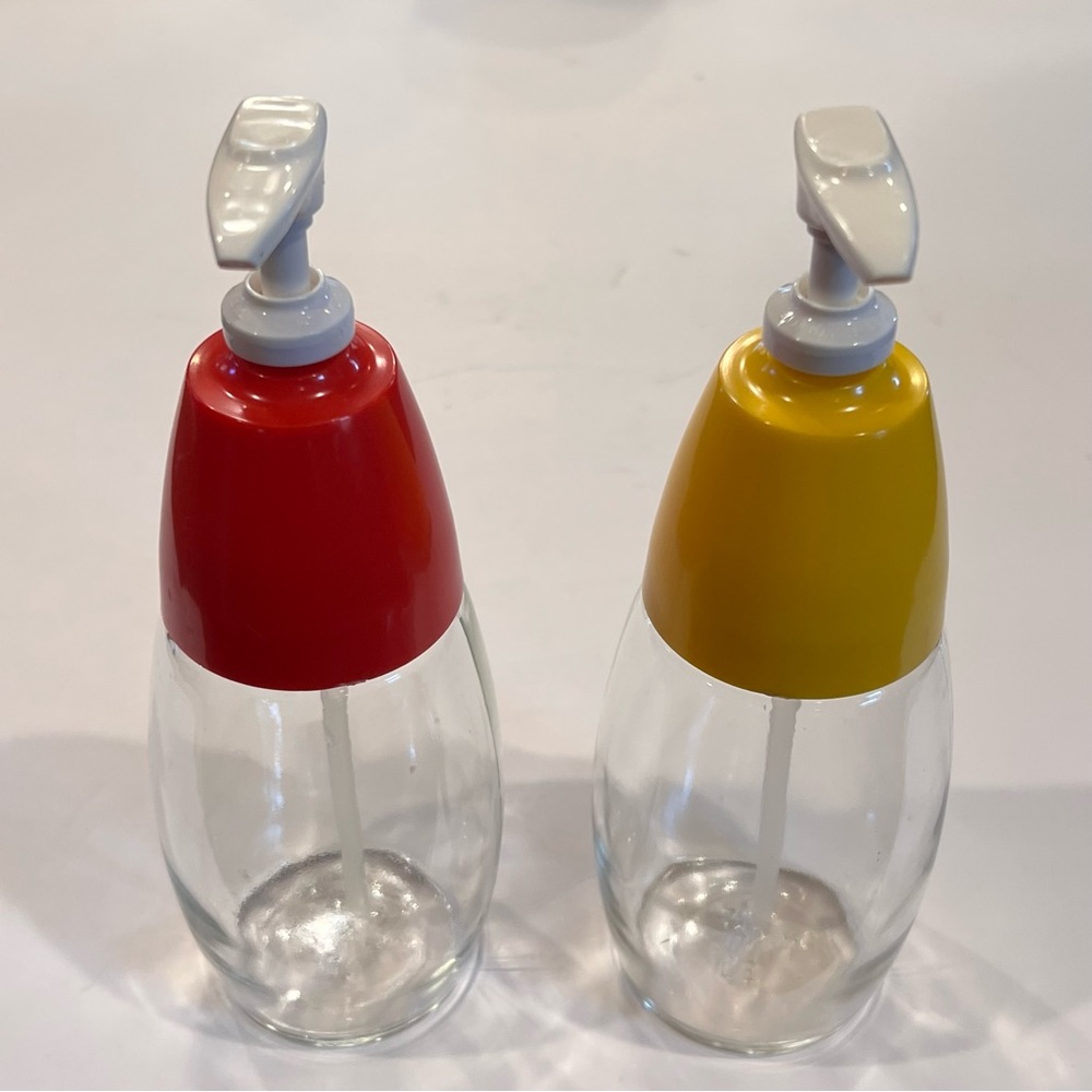 3/$30 Vintage Gemco Serving Ware Ketchup and Mustard Pump Dispensers Glass MCM